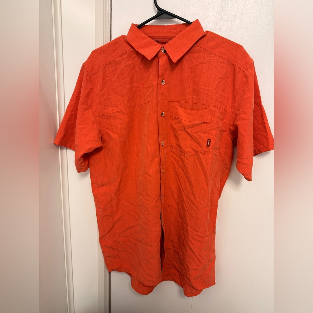 Simms Men's Small Orange Modal Short Sleeve Pocket Fishing Button Up Shirt
